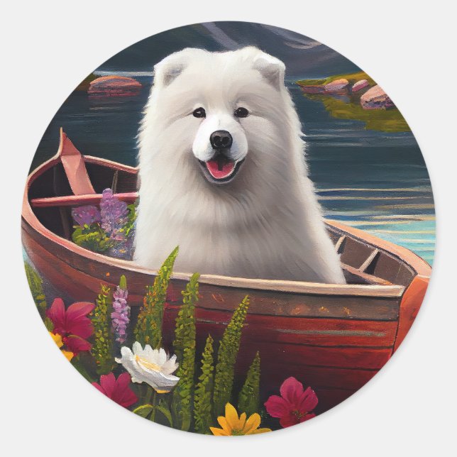 Samoyed on a Paddle: A Scenic Adventure Classic Round Sticker (Front)