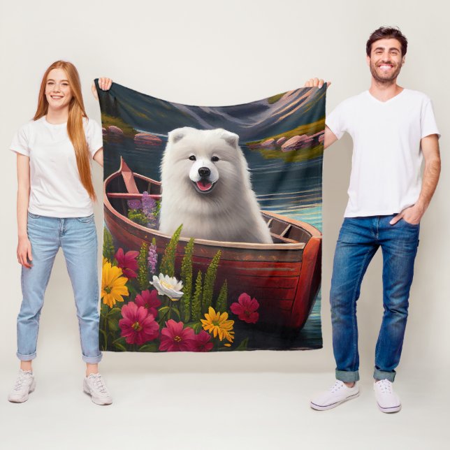 Samoyed on a Paddle: A Scenic Adventure Fleece Blanket (In Situ)