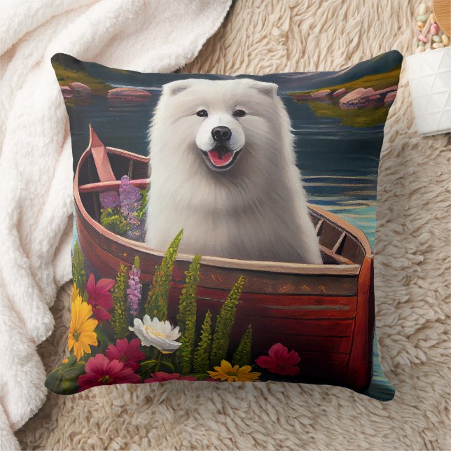 Samoyed on a Paddle: A Scenic Adventure Throw Pillow (Blanket)