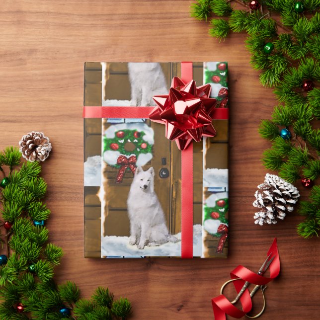 Samoyed on Porch Christmas Wrapping Paper (Holiday Gift)