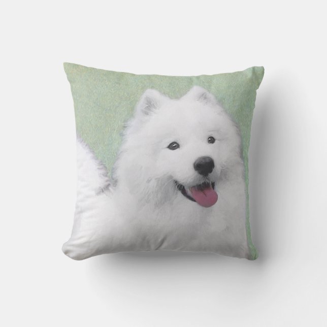 Samoyed Painting - Cute Original Dog Art Outdoor Pillow (Front)
