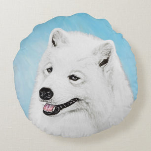 Samoyed Painting - Cute Original Dog Art Round Pillow
