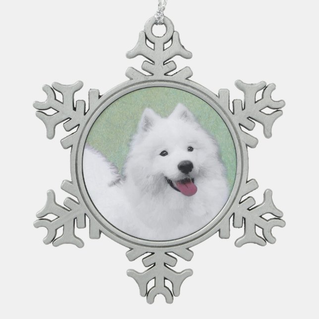 Samoyed Painting - Cute Original Dog Art Snowflake Pewter Christmas Ornament (Front)