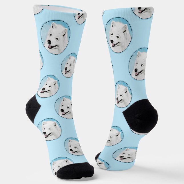Samoyed Painting White Cute Original Pet Dog Art Socks (Angled)
