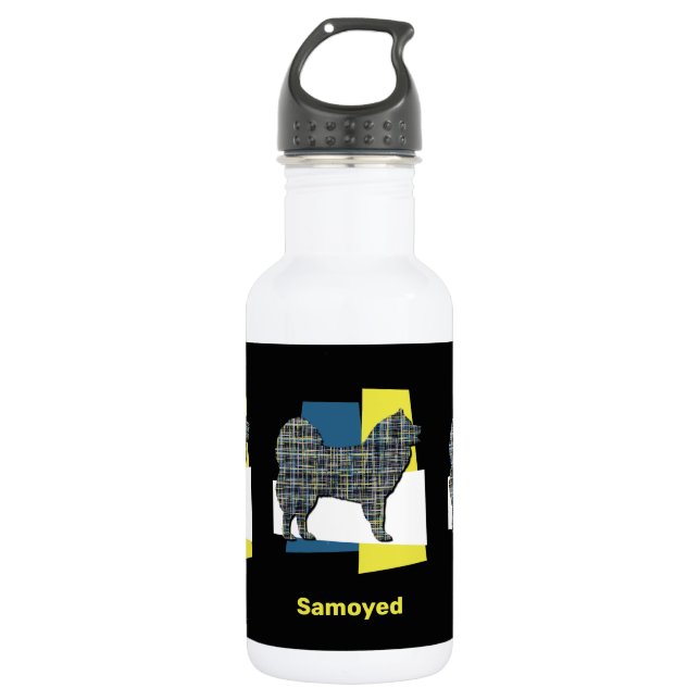 Samoyed Pet Dog Silhouette Yellow & Blue Grid 532 Ml Water Bottle (Front)
