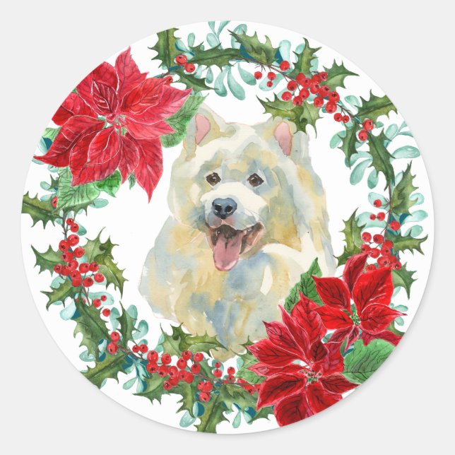 Samoyed Poinsettia Holly Holiday Wreath Classic Round Sticker (Front)