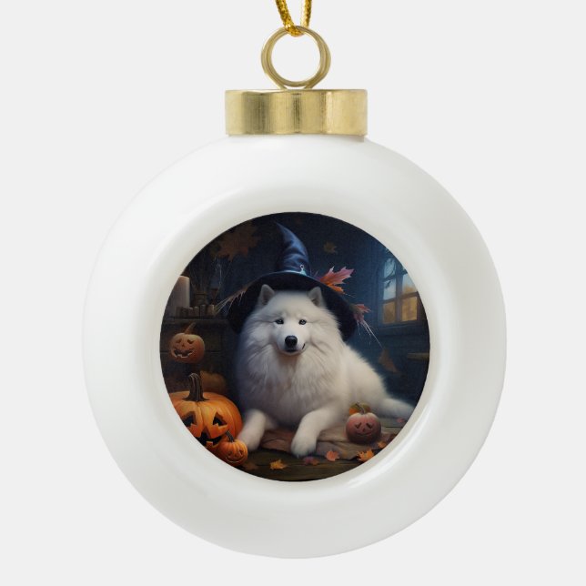 Samoyed Pumpkins Halloween Scary Ceramic Ball Christmas Ornament (Front)