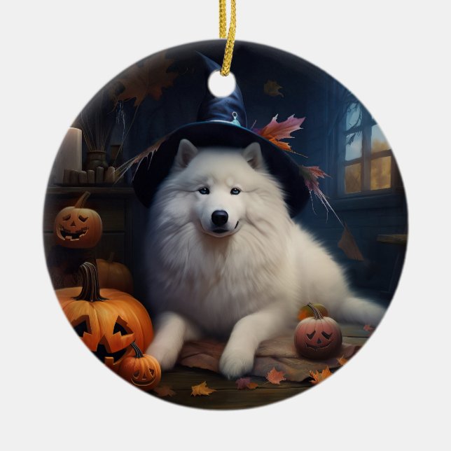 Samoyed Pumpkins Halloween Scary Ceramic Ornament (Front)