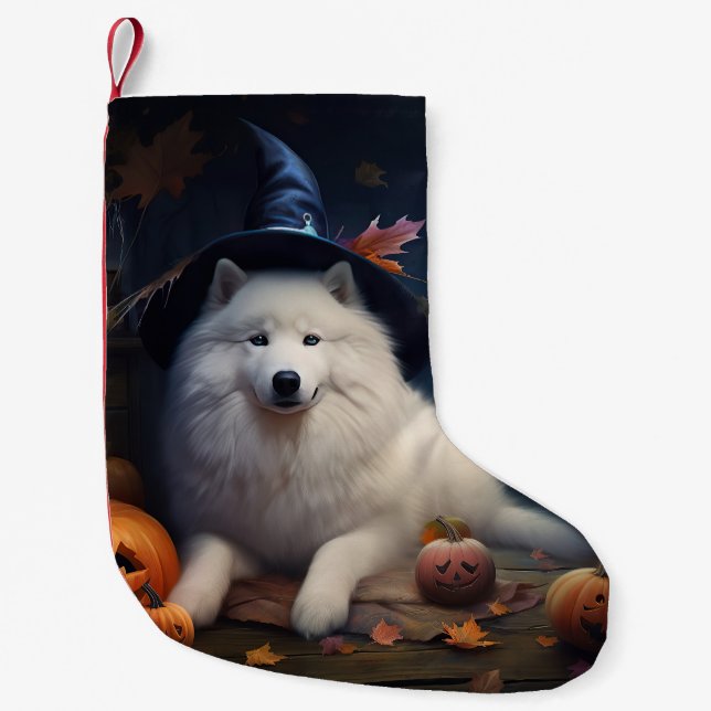 Samoyed Pumpkins Halloween Scary Small Christmas Stocking (Front)