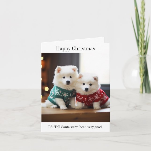 Samoyed Puppies Happy Christmas Card (Front)