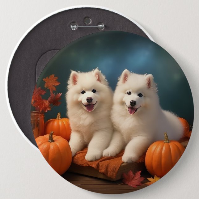 Samoyed Puppy Autumn Delight Pumpkin  6 Inch Round Button (Front & Back)