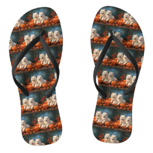 Samoyed Puppy Autumn Delight Pumpkin Flip Flops