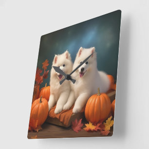 Samoyed Puppy Autumn Delight Pumpkin  Square Wall Clock