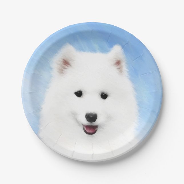 Samoyed Puppy Painting - Cute Original Dog Art Paper Plate (Front)