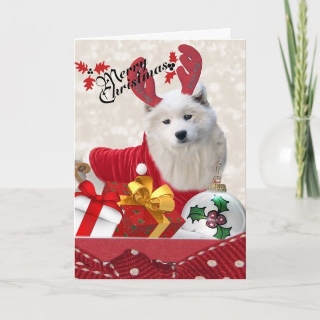 Samoyed Reindeer Joyeuses Cartes de Noël (Devant)