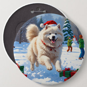 Samoyed Running in Snow with Christmas Hat 6 Inch Round Button
