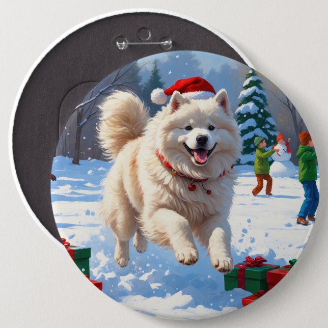 Samoyed Running in Snow with Christmas Hat 6 Inch Round Button (Front & Back)