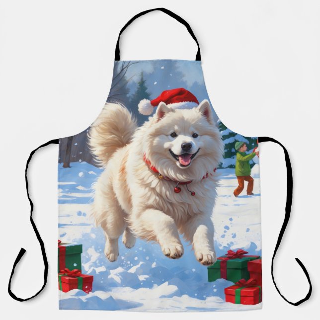 Samoyed Running in Snow with Christmas Hat Apron (Front)