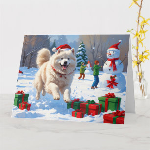 Samoyed Running in Snow with Christmas Hat Card