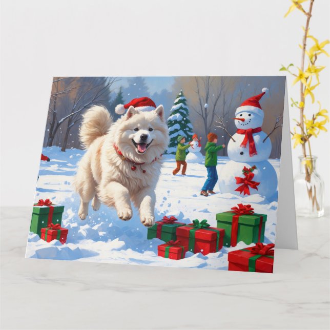 Samoyed Running in Snow with Christmas Hat Card (Yellow Flower)