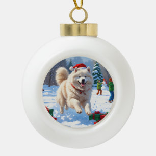 Samoyed Running in Snow with Christmas Hat Ceramic Ball Christmas Ornament