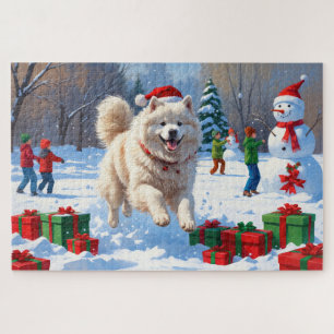 Samoyed Running in Snow with Christmas Hat Jigsaw Puzzle