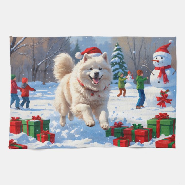 Samoyed Running in Snow with Christmas Hat Kitchen Towel (Horizontal)