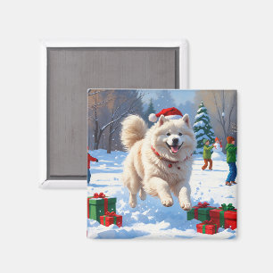 Samoyed Running in Snow with Christmas Hat Magnet