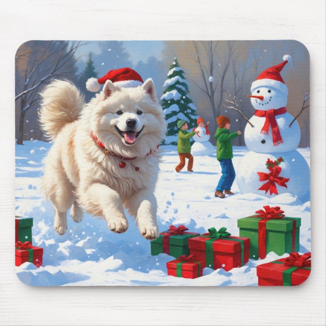 Samoyed Running in Snow with Christmas Hat Mouse Pad (Front)