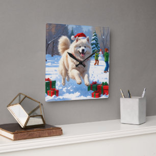 Samoyed Running in Snow with Christmas Hat Square Wall Clock