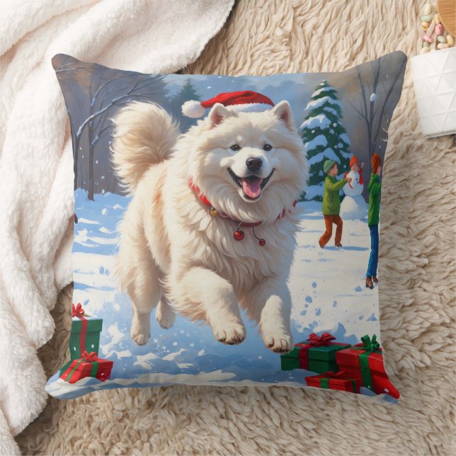 Samoyed Running in Snow with Christmas Hat Throw Pillow (Blanket)