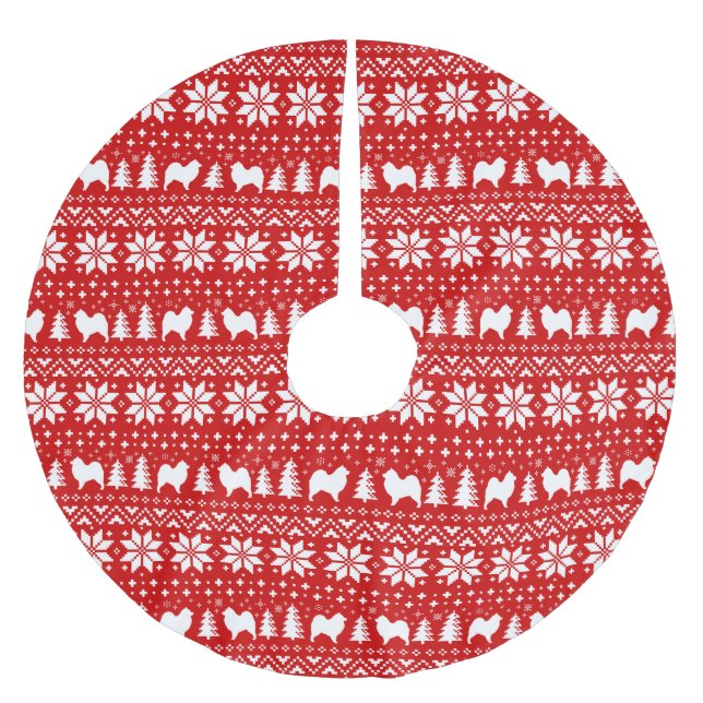 Samoyed Silhouettes Christmas Pattern Red Brushed Polyester Tree Skirt (Front)