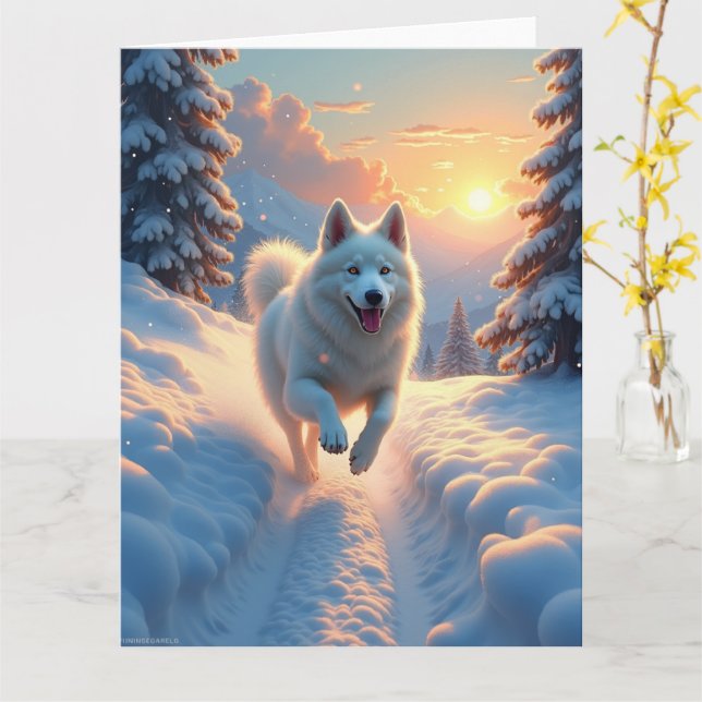 Samoyed Snowy Mountain Adventure Christmas Card (Yellow Flower)