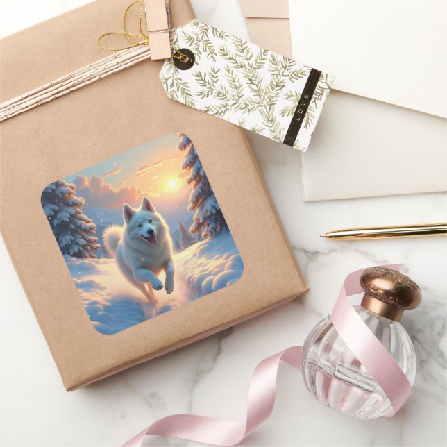 Samoyed Snowy Mountain Adventure Christmas Square Sticker (Gifting)