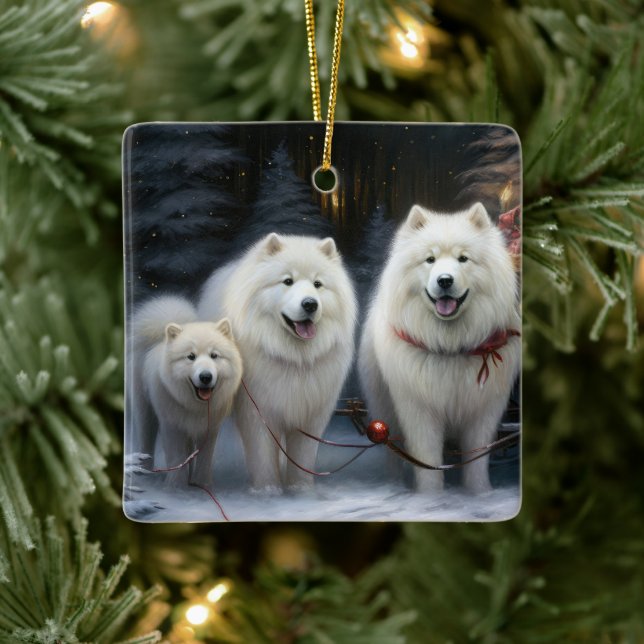 Samoyed Snowy Sleigh Christmas Decor Ceramic Ornament (Tree)