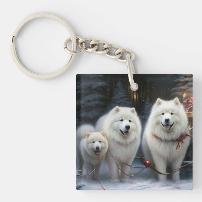 Samoyed Snowy Sleigh Christmas Decor Keychain (Front)