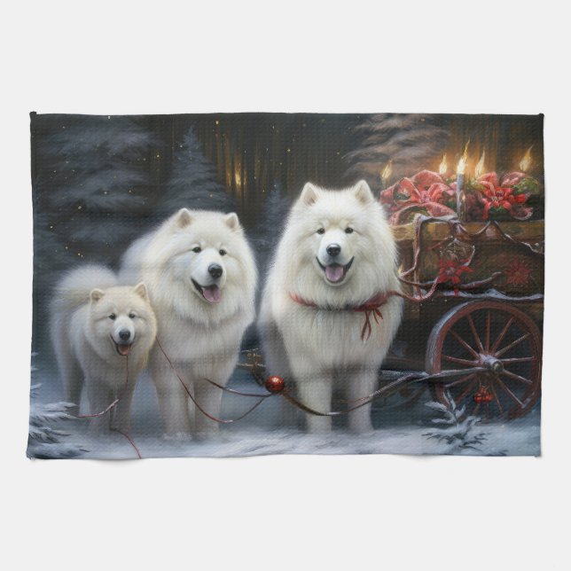 Samoyed Snowy Sleigh Christmas Decor Kitchen Towel (Horizontal)