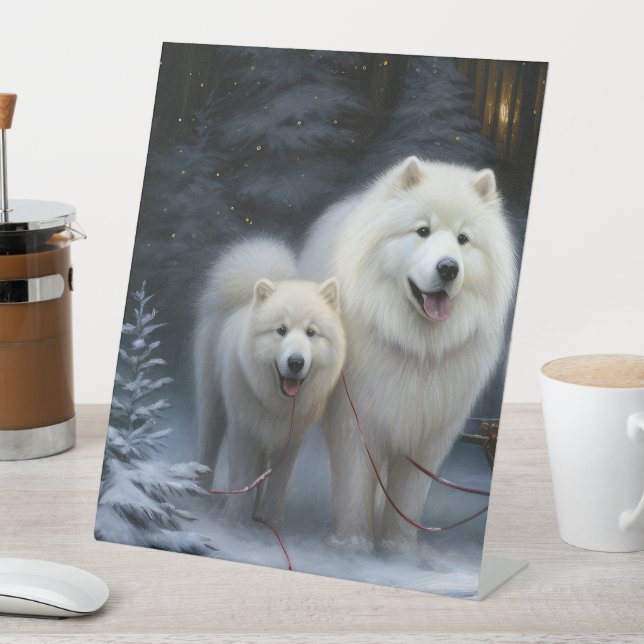 Samoyed Snowy Sleigh Christmas Decor  Pedestal Sign (In SItu)