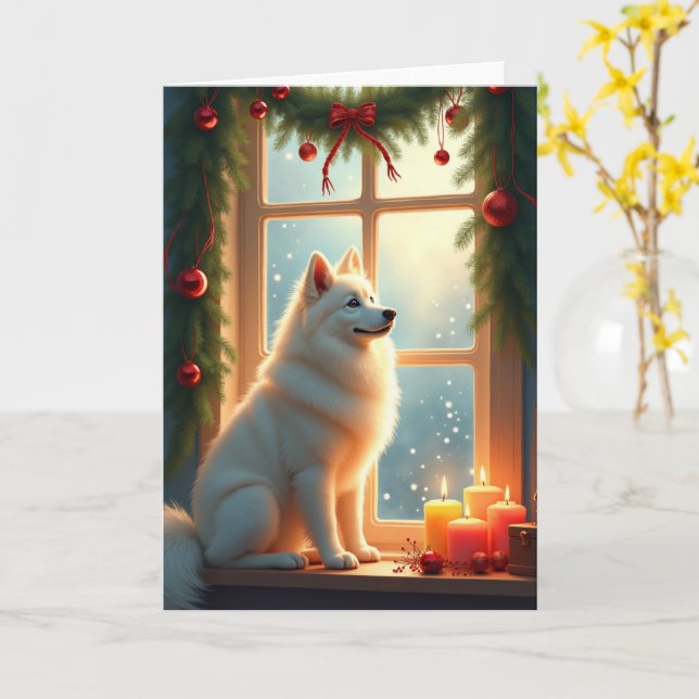 Samoyed Under the Mistletoe Christmas Painting Card (Yellow Flower)