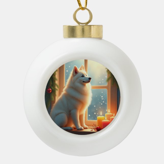 Samoyed Under the Mistletoe Christmas Painting Ceramic Ball Christmas Ornament (Front)