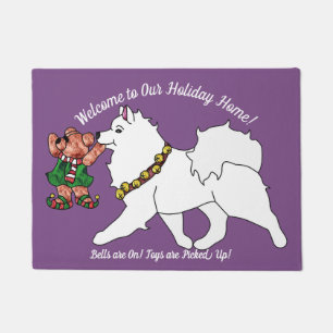 Samoyed with Bells On! Holiday Door Mat, Non-Slip  Doormat