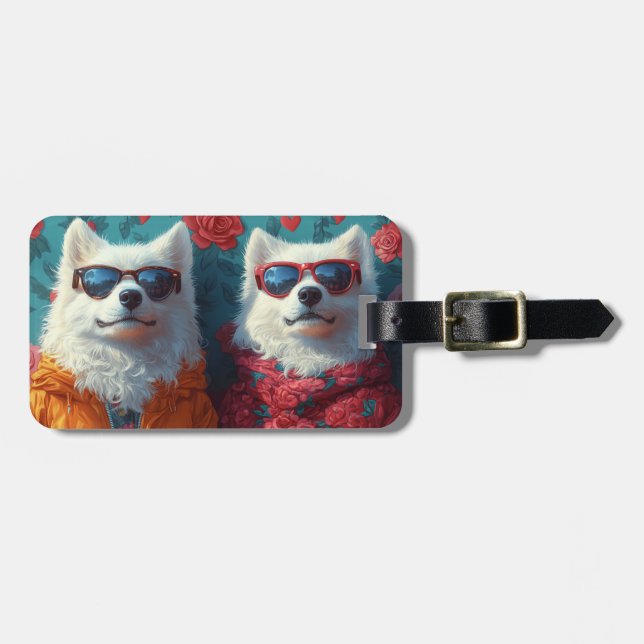 Samoyed with Heart Roses Valentine's Day Luggage Tag (Front Horizontal)