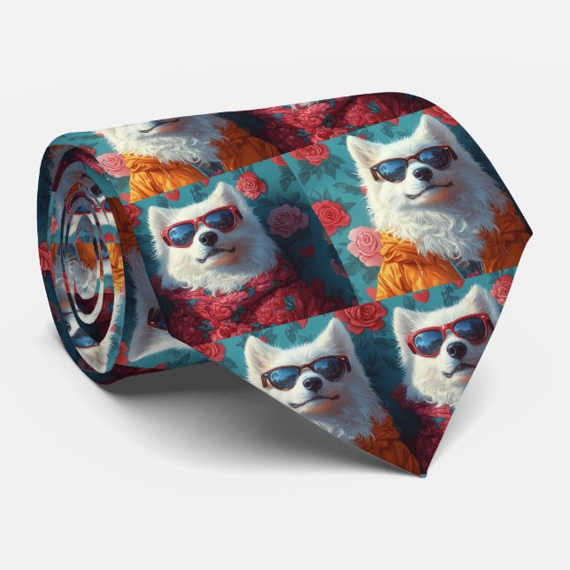 Samoyed with Heart Roses Valentine's Day Tie (Rolled)