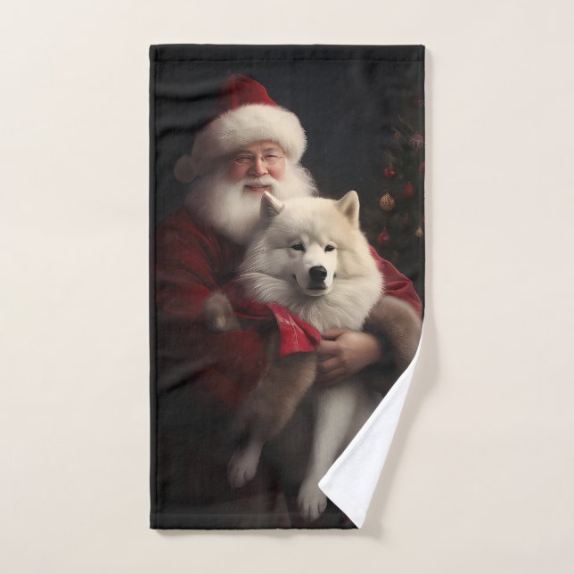 Samoyed With Santa Claus Festive Christmas Bath Towel Set (Hand Towel)