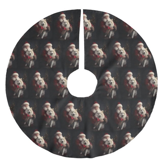 Samoyed With Santa Claus Festive Christmas Brushed Polyester Tree Skirt (Front)