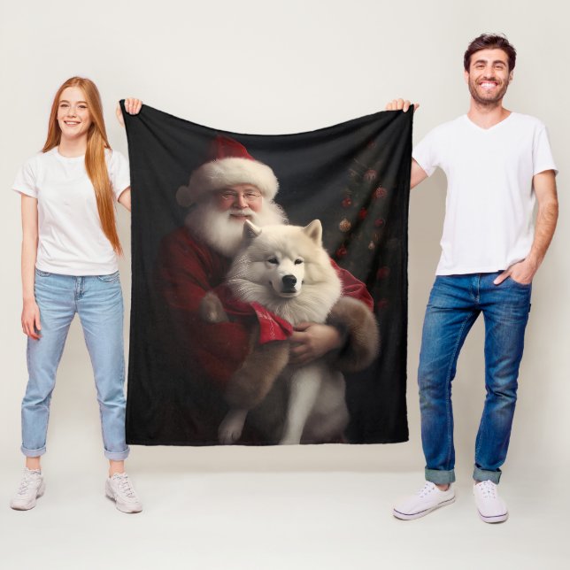 Samoyed With Santa Claus Festive Christmas Fleece Blanket (In Situ)
