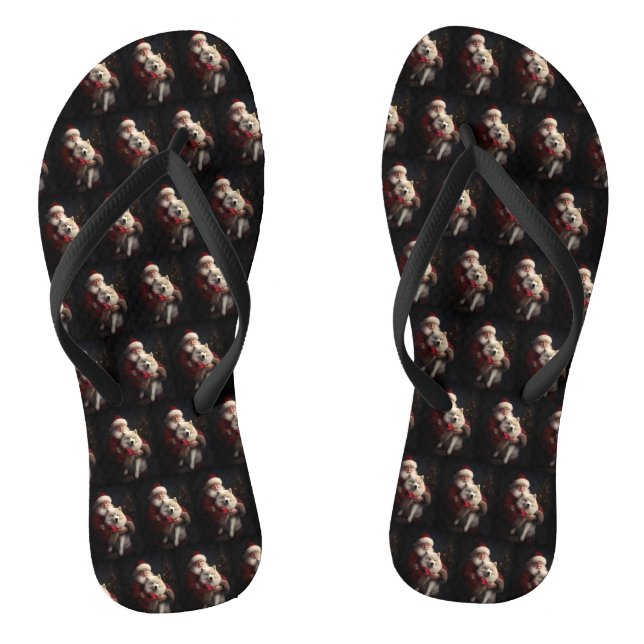 Samoyed With Santa Claus Festive Christmas Flip Flops (Footbed)