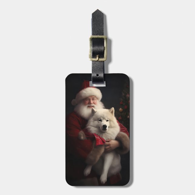 Samoyed With Santa Claus Festive Christmas Luggage Tag (Front Vertical)
