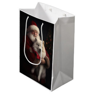 Samoyed With Santa Claus Festive Christmas Medium Gift Bag