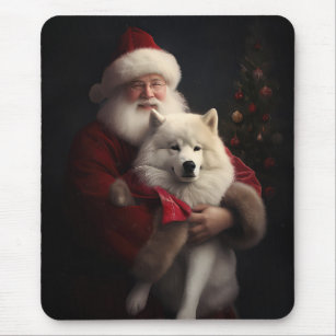 Samoyed With Santa Claus Festive Christmas Mouse Pad